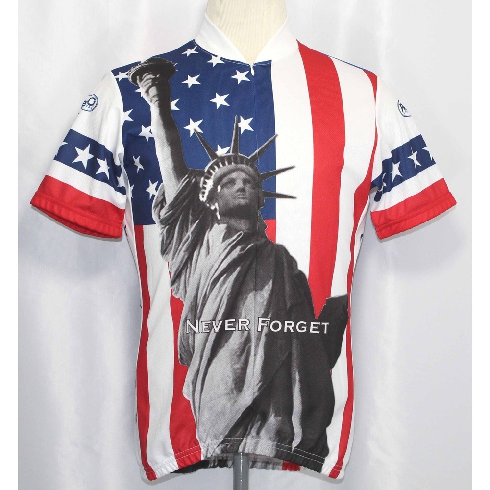 Revi O Technical Wear Never‎ Forget 3/4 Zip Cycling Jersey Mens Size L USA Flag